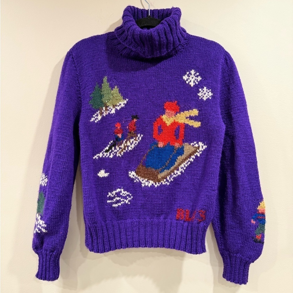 🔥Ralph Lauren Iconic Vintage Purple Turtleneck Sweater with Winter Scene🔥